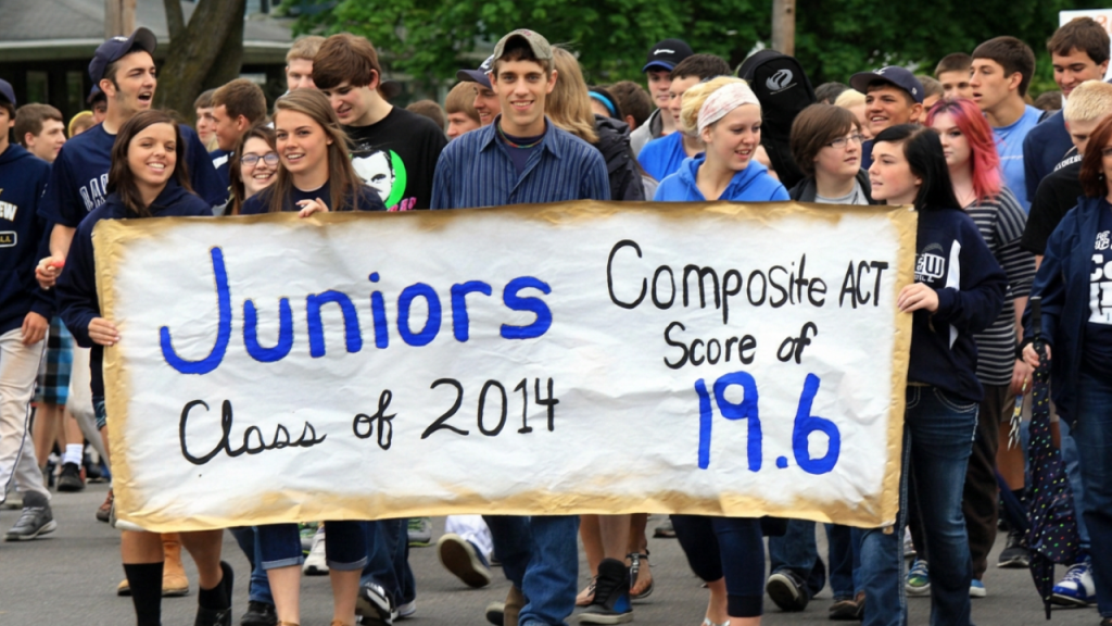 Group of high school students marching and holding a banner that reads 'Juniors Class of 2014' and 'Composite ACT Score of 19.6'.